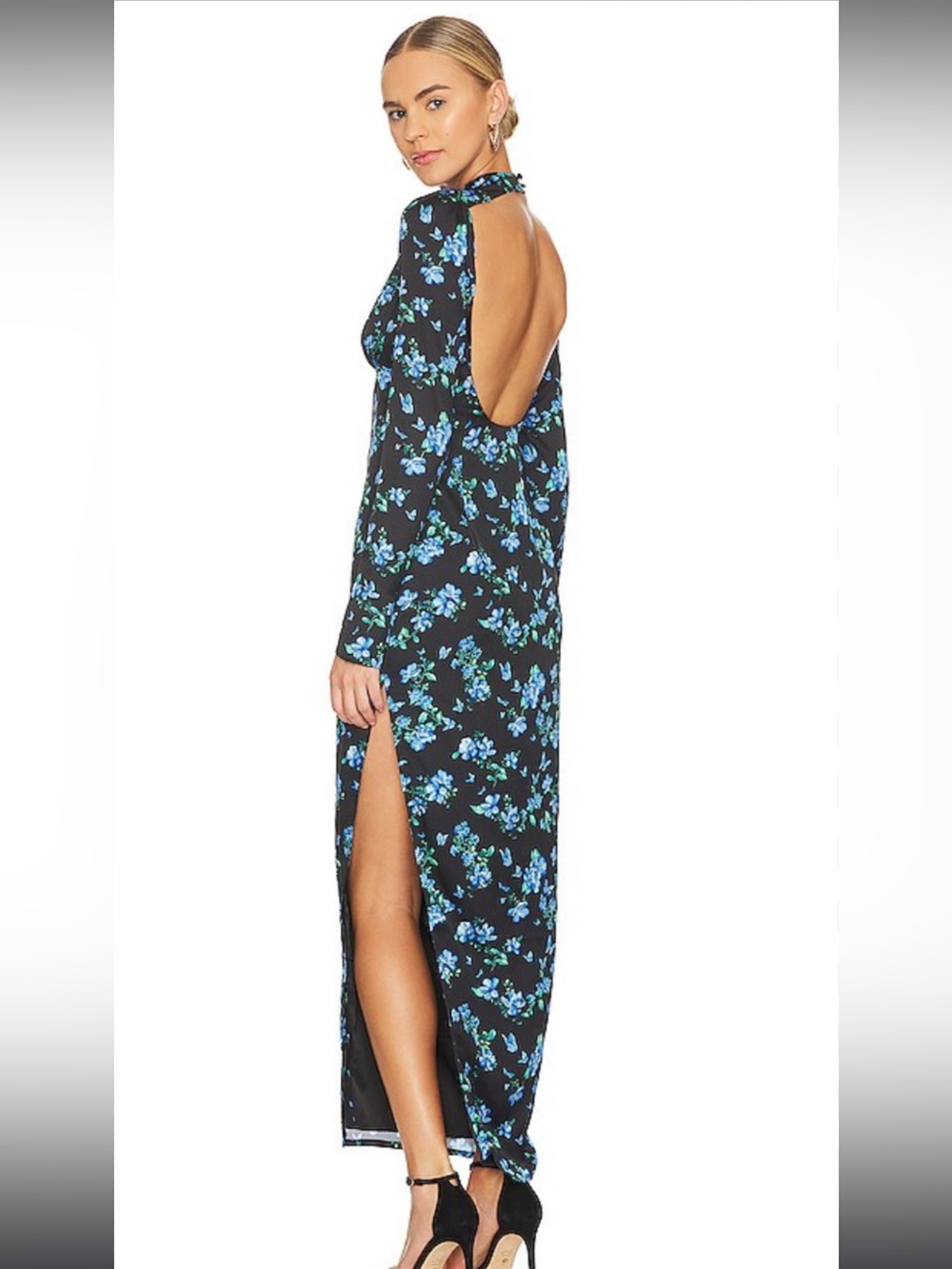 MAJORELLE Black Long Sleeve Floral Midi Dress with Blue Print